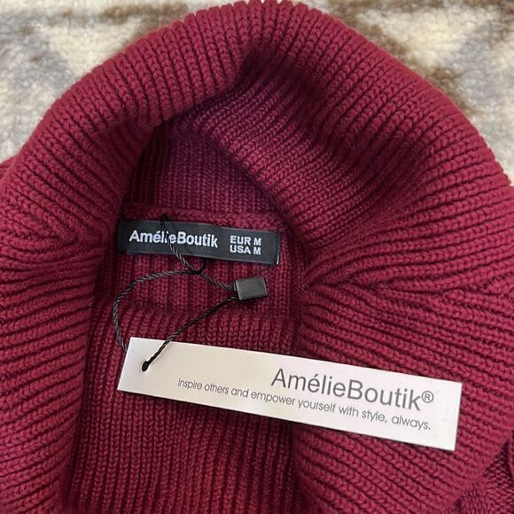 AmélieBoutik Women Cotton Turtleneck Cable Knit Long Sleeve Sweater Burgundy - Picture 5 of 8